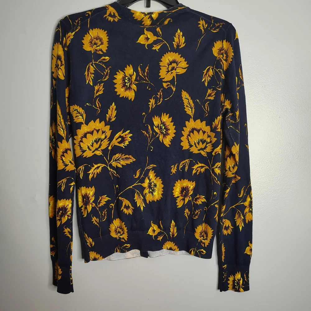 JCrew Blue Yellow Floral Sunflower Lightweight Cardigan Sweater Women's Medium